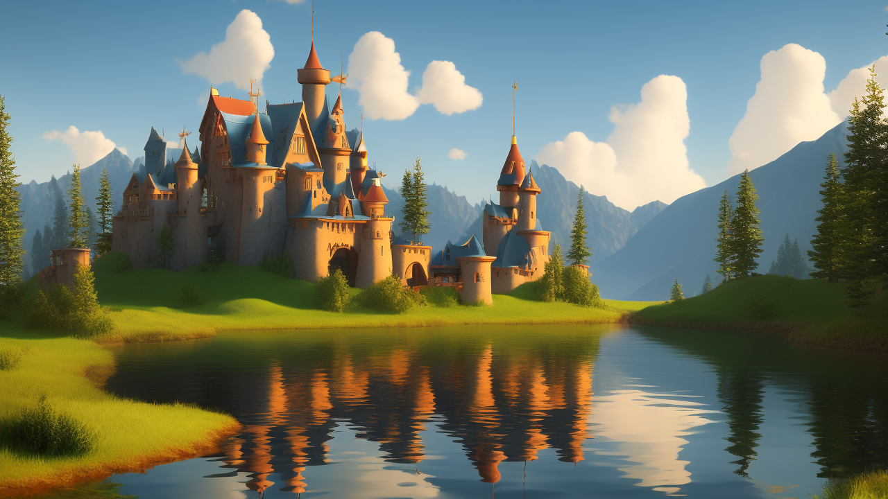 stilisiertes Märchenschloss am See, KI-Grafik von Matthias Böttinger (www.m-fabrik.de)