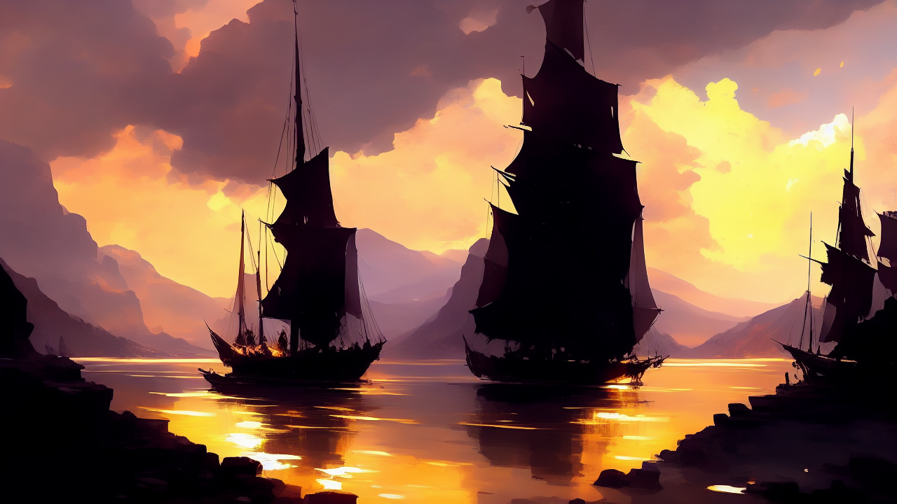 Segelschiffe im Sonnenuntergang, KI-Grafik von Matthias Böttinger (www.m-fabrik.de)