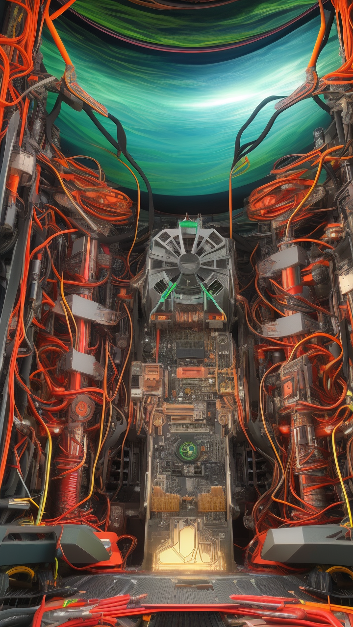 Spektakuläre Sicht auf das Innere eines imaginären Computers, KI-Grafik von Matthias Böttinger (www.m-fabrik.de)